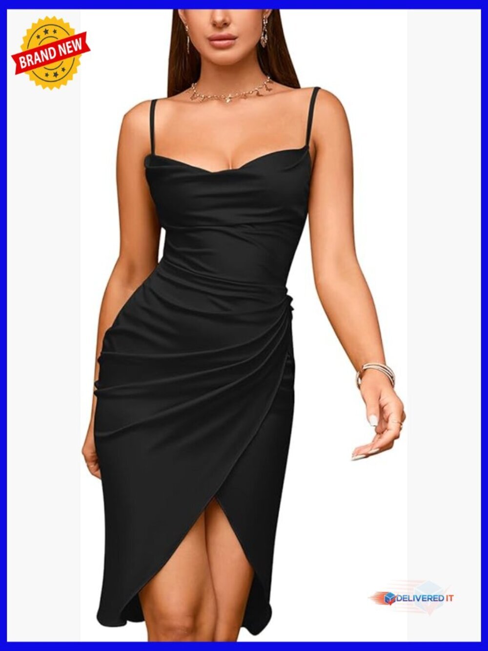 Satin Slip Dress Backless Cowl Neck Bodycon Midi Club Night Out